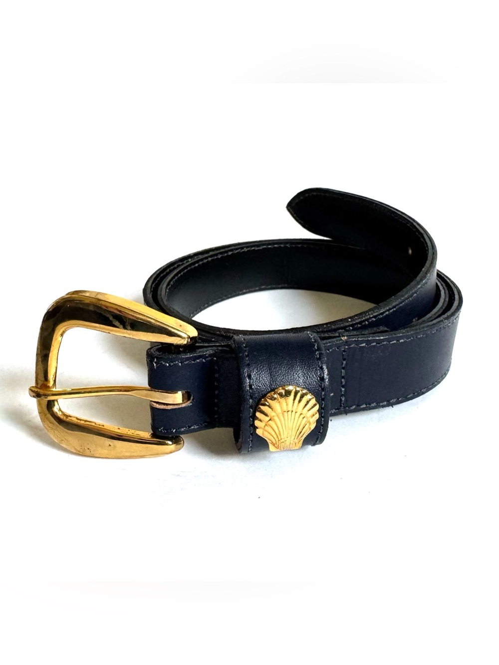 Vtg Brooks Brothers Navy Blue Calfskin Leather Belt M Gold Shell Coastal Preppy